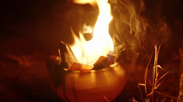 Sacred flame burns inside clay vessel during Mayan ceremony