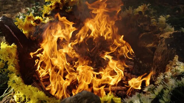 Flames rise from a flower-lined altar during Mayan fire ritual in Guatemala