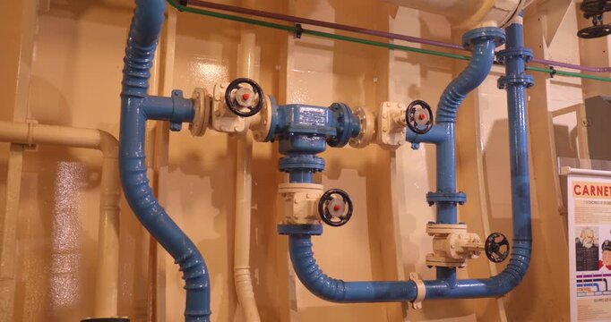 France 1 Preserved Weather Ship Pipelines At Machine Room In La Rochelle, France. - closeup shot