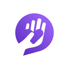 Obraz premium Modern logo showing a hand holding a heart inside a chat bubble, symbolizing care, empathy, communication, and support—ideal for nonprofits, counseling, wellness, or community-focused brands.