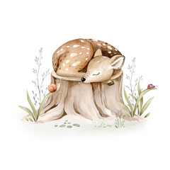 Fototapeta premium Watercolor cute sleeping baby fawn animal. Woodland nursery deer isolated illustration for children. watercolour forest drawing, floral image. Perfect for kids posters, patterns