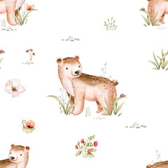 Watercolor seamless pattern with cute baby bear and woodland nursery for children with stump and acorn forest drawing with floral elements.  © kris_art
