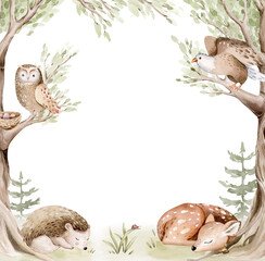 Fototapeta premium Watercolor background. Cute baby deer and hedgehog animal woodland nursery rabbit and bear isolated fawn illustration for children. watercolour bunny and raccoon forest drawing, hedgehog and owl image