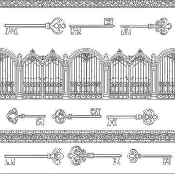 Ornate Keys, Gothic Gates, and Decorative Borders Line Art