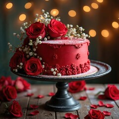 Red velvet cake with cream frosting decorated with fresh red roses and baby breath flowers. Served on rustic stand with scattered petals, bokeh background.