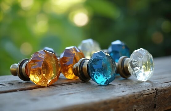 Collection of vintage glass drawer pulls in amber blue, clear colours sit on rustic wooden surface. Faceted crystal cabinet knobs reflect light creating elegant decorative accents for home furniture.