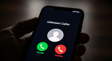 Phone screen with unknown caller &ndash; symbol of phone scams and digital fraud
