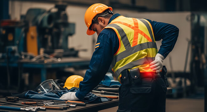 Industrial Worker with Acute Lower Back Pain in Factory, Highlighting Workplace Injury & Occupational Health