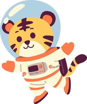 Kawaii Chibi Tiger Mascot Astronaut Character Floating in Space