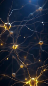 Glowing neural network with firing synapses and electrical impulses in a human brain 3d illustration (Vertical Video)