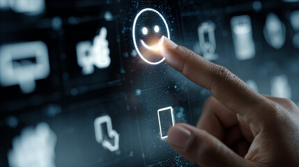 Black, African-American finger pressing glowing happy face icon on a futuristic digital interface with various icons