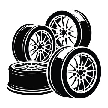 Set of car wheels vector illustration, black vector racing wheels with intricate spoke designs on a transparent background, automotive part with rims