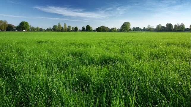 ryegrass. Vast meadow of lush perennial ryegrass waving under a clear blue sky. event programs, museum guides, designed for cultural heritage projects and event programs, supports education.
