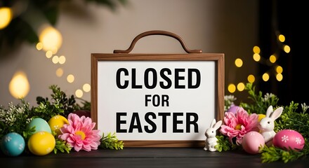 Easter sunday closed sign with easter eggs and bunny decorations