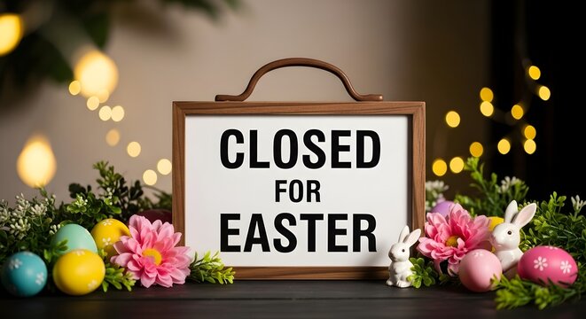 Easter sunday closed sign with easter eggs and bunny decorations