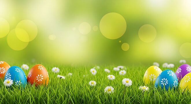 Six painted easter eggs celebrating a Happy Easter on a spring day with a green grass meadow, bright sunlight and a warm colour background with copy space. Wallpaper, Illustration | photo