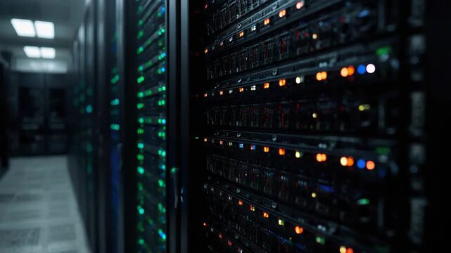 Server rack aisle dim data center with glowing indicator lights, atmospheric network hardware rack