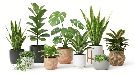 Fototapeta premium Collection of diverse houseplants in modern pots indoor greenery for home decor and interior design isolated on a clean white background