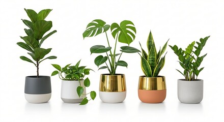 Fototapeta premium Collection of five potted houseplants including fiddle leaf fig and monstera in modern decorative pots isolated on white background for home decor and interior design