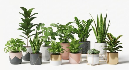 Fototapeta premium Collection of diverse houseplants in stylish modern pots indoor greenery for home decor and interior design isolated on white background