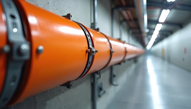 Orange pipe system runs along concrete wall inside long industrial corridor. Modular system for transit, safety and fire prevention. Utility infrastructure detail.