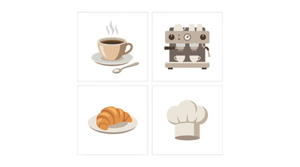 Vector Illustration Set of Four Cafe and Bakery Icons Featuring a Steaming Cup of Coffee with a Spoon, a Professional Espresso Machine, a Fresh Croissant on a Plate, and a White Chef's Hat.
