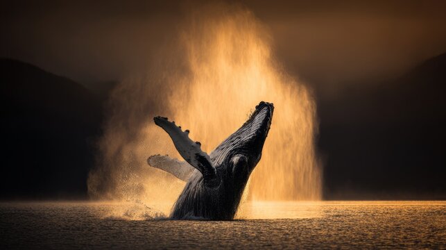 dovekie. A whale breaching the ocean surface at sunset with a plume of mist. inspiring travel planning, wildlife magazines, designed for wildlife conservation campaigns, used by project managers.
