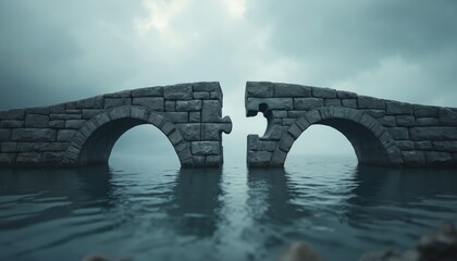 Naklejka premium Stone bridge with missing puzzle piece over water. Represents a gap in connection or missing link. Symbolizes challenge or problem needing solution.