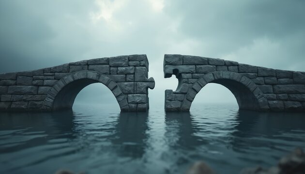 Stone bridge with missing puzzle piece over water. Represents a gap in connection or missing link. Symbolizes challenge or problem needing solution.