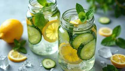 Fototapeta premium Two jars of infused water with cucumber lemon slices and mint leaves. Refreshing summer drinks with ice. Healthy detox beverage served cold.