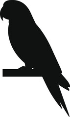 Minimalist black parrot sitting on a wooden perch silhouette vector icon