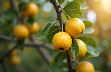 Ripe yellow quince fruits grow on tree branch with green leaves in sunlight. Organic orchard bounty, seasonal harvest, healthy food source, natural beauty.