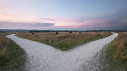 divergence. Abstract crossroads splitting into two paths, representing choices with soft directional lighting. wellbeing guides.
