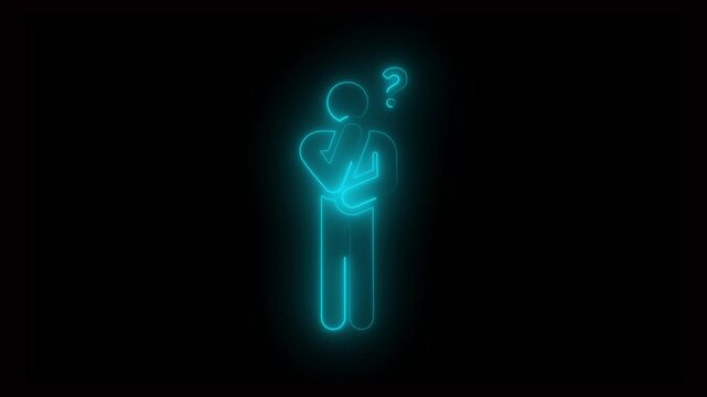 sine Neon Thinking Man Icon with Question Mark on Black Background