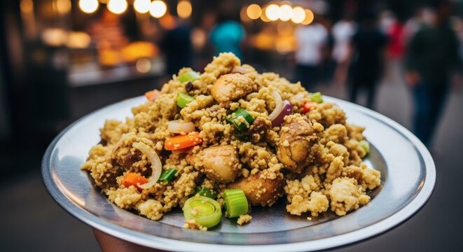 Chicken Kottu Roti Handheld Food Photograph, Slightly Messy Texture on Metal Plate with Street Food Stall Background