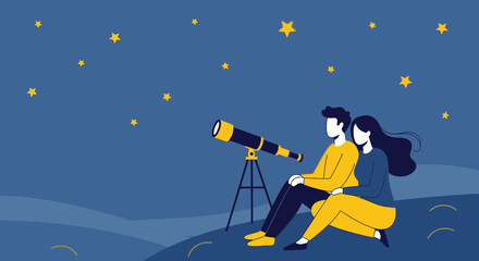 Naklejka premium Couple Gazing At Night Sky Through Telescope Under Starry Cosmos
