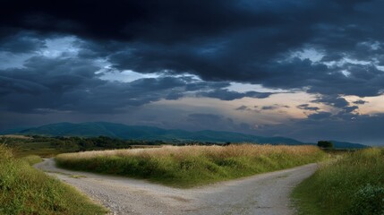Fototapeta premium divergence. Abstract crossroads splitting into two paths, representing choices with soft directional lighting. wellbeing guides. 