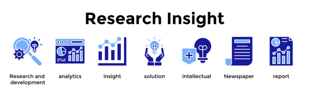 Research Insight Icon Set. Containing Research And Development, Analytics, Insight, Solution, Intellectual, Newspaper, Report