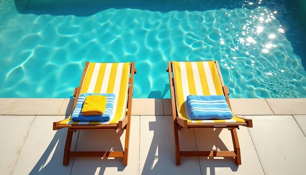 Two yellow and white striped lounge chairs with blue and yellow towels sit by a bright blue swimming pool on a sunny day. Relaxing summer vacation scene next to clear water.