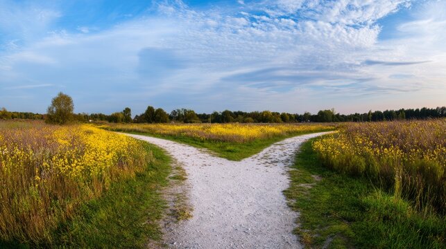 divergence. Abstract crossroads splitting into two paths, representing choices with soft directional lighting. wellbeing guides.

