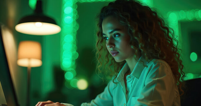 Young woman works on laptop at night. Neon green lights illuminate desk. Person types on computer keyboard with focus. Home office setting with desk lamp.