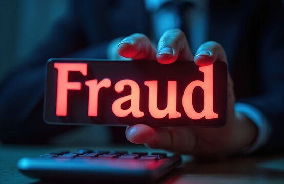 Person holds illuminated sign with word fraud over calculator. Symbolizes financial crime, accounting errors, and cyber security risks in business.