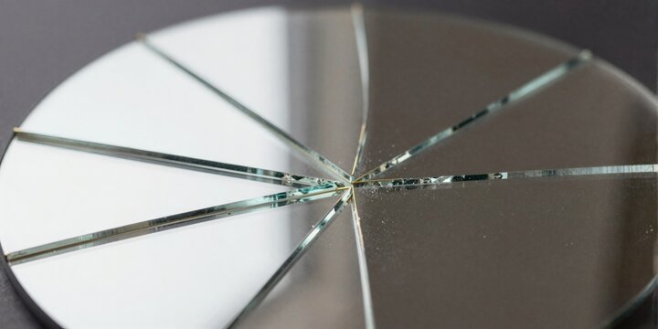 A circular mirror shattered radially from its center - symbolizing fragmented self-perception, necessary breaking for new perspectives, and the beauty of multiplicity after unity fractures.