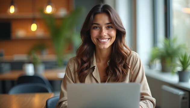 Smiling woman works on laptop computer in modern office space. Young pro woman uses tech for business tasks and projects. Female entrepreneur collaborates in coworking hub.