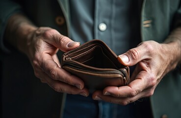 Fototapeta premium Elderly man holds empty brown leather wallet in his hands. Shows no money inside his billfold. Suggests financial hardship, poverty, or debt issues.