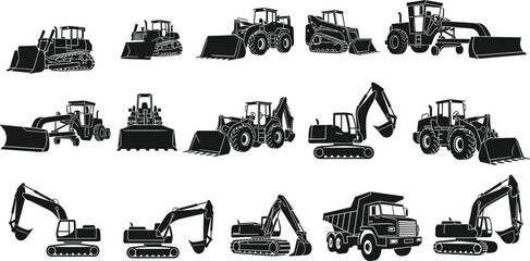Black silhouette collection of heavy construction machinery equipment icons including excavators bulldozers loaders dump trucks and graders for industrial building projects © Hafiza