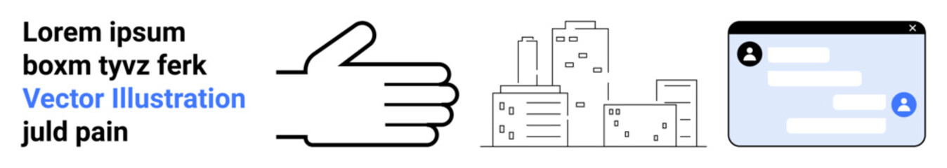 Fototapeta premium Communication, urban life, digital interaction, networking, online chat, human gestures. A hand symbol, city buildings and a chat window. Communication and urban life concepts