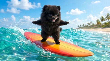 美しい南の海でサーフィンしている赤ちゃん黒ポメラニアン