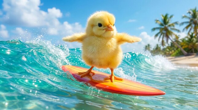 美しい南の海でサーフィンしている赤ちゃんヒヨコ