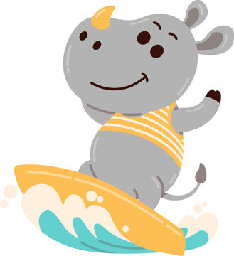 Playful Cartoon Rhino Mascot Character Surfing on Beach Waves